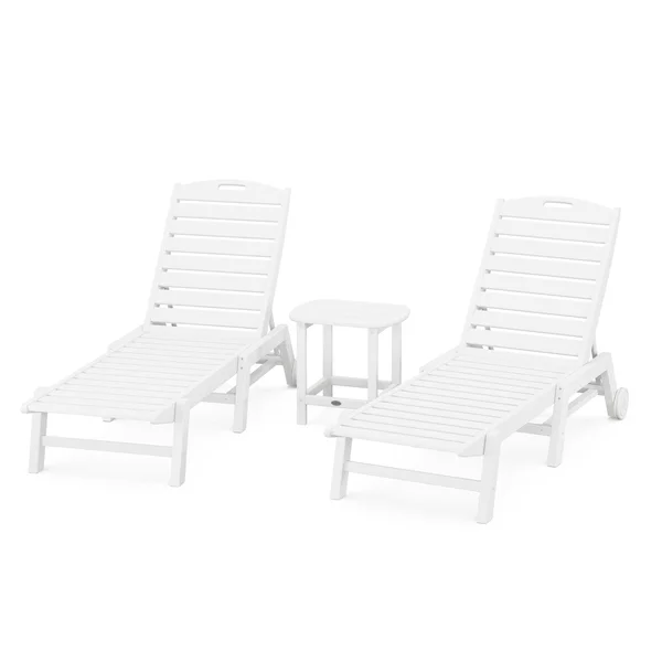 Nautical 3 Pc Set Recycled Plastic Armless Chaise Lounge Set w/ Wheels in White by POLYWOOD