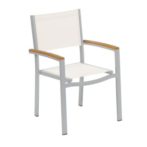 Travira 4 Piece Aluminum Dining Arm Chair Set W/ Natural Sling & Tekwood Natural Arm Caps By Oxford Garden