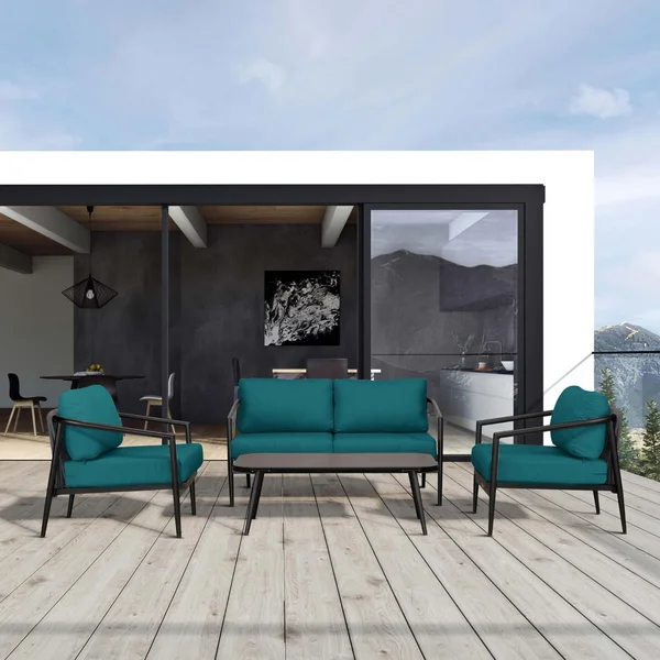 Midnight Cove 4 Pc Aluminum Seating Set w/ Loveseat in Black/Spectrum Peacock by Lakeview Outdoor Designs