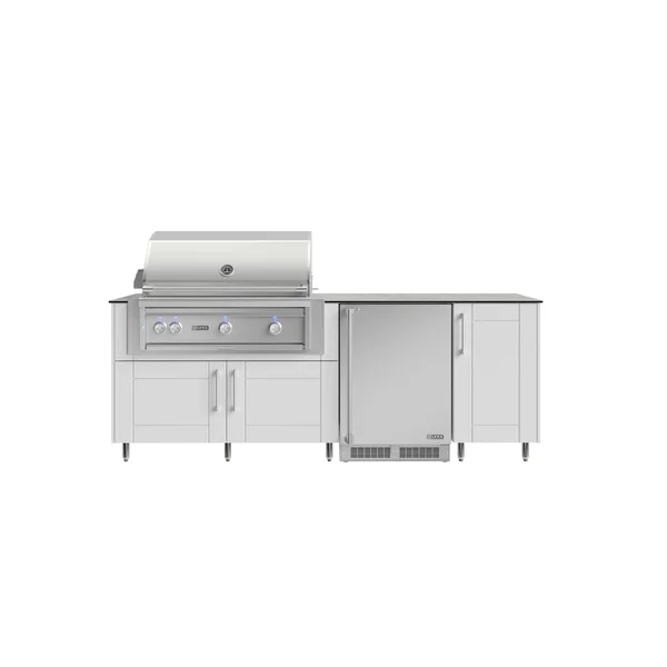 WeatherStrong Bimini 7 1/2 Ft Outdoor Kitchen Island w/ Lynx Propane Grill & Refrigerator in Shell White/Glacier Frost