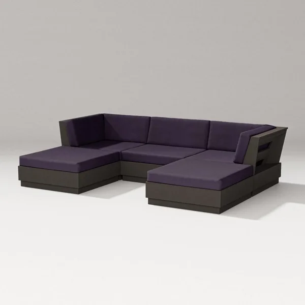 Elevate 5 Pc Recycled Plastic Double Chaise Sectional Seating Set in Vintage Coffee/Navy Linen By PW Designer Series