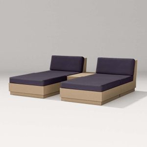 Elevate 5 Pc Recycled Plastic Double Chaise Lounge Seating Set in Vintage Sahara/Navy Linen By PW Designer Series