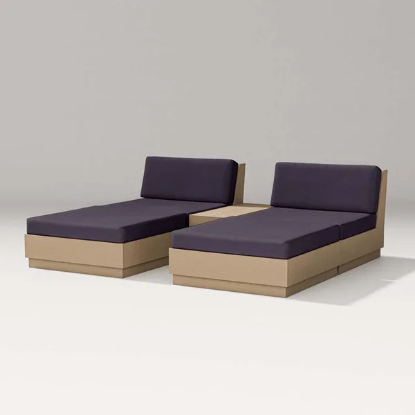 Elevate 5 Pc Recycled Plastic Double Chaise Lounge Seating Set in Vintage Sahara/Navy Linen By PW Designer Series