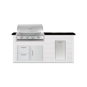 BBQGuys Signature 6 Ft Outdoor Kitchen Island w/ 32 Inch Natural Gas Blaze LBM Grill & Narrow Trash Bin | Crystal White w/ Titanium Granite