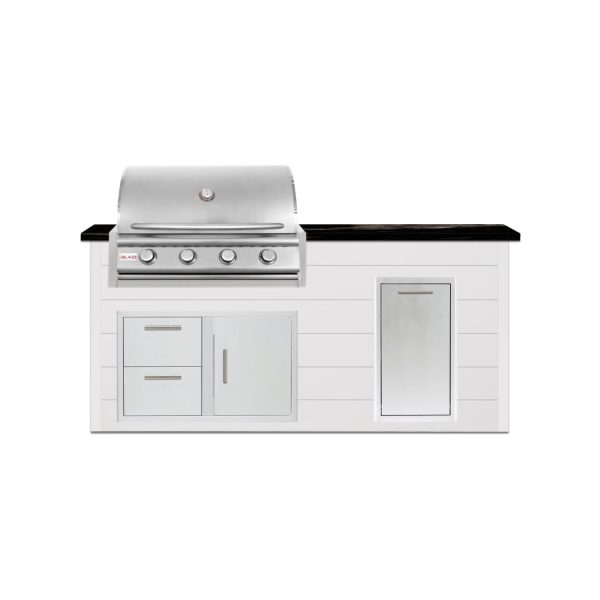 BBQGuys Signature 6 Ft Outdoor Kitchen Island w/ 32 Inch Natural Gas Blaze LBM Grill & Narrow Trash Bin | Crystal White w/ Titanium Granite