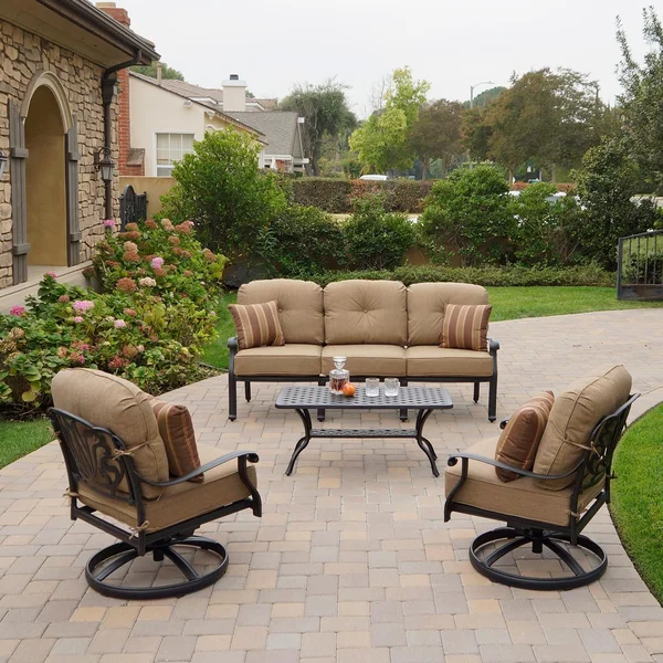 Elisabeth 4 Pc Cast Aluminum Seating Set w/ 42 X 21 Inch Table & Swivel Rockers & Throw Pillows in Antique Bronze/Sesame by Darlee