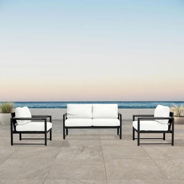 Avenue Bay 3 Pc Aluminum Seating Set in Black/Canvas Natural by Lakeview Outdoor Designs
