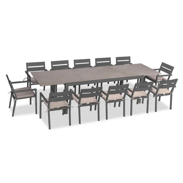 Calm Bay 13 Pc Extendable Aluminum Dining Set in Slate/Barnwood/Canvas Flax by Lakeview Outdoor Designs