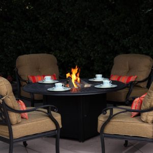 Nassau 5 Pc Cast Aluminum Fire Pit Seating Set w/ 52 Inch Signature Table in Antique Bronze/Sesame by Darlee