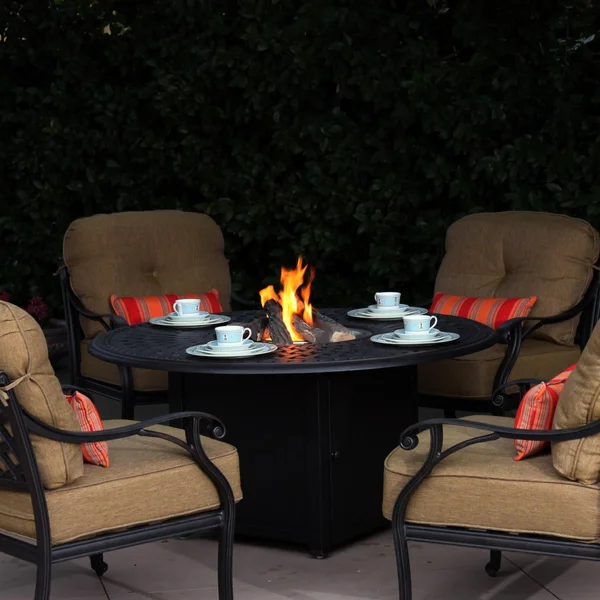 Nassau 5 Pc Cast Aluminum Fire Pit Seating Set w/ 52 Inch Signature Table in Antique Bronze/Sesame by Darlee