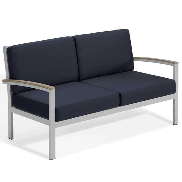 Travira Aluminum Loveseat w/ Vintage Tekwood Arm Caps in Flint/Midnight Blue by Oxford Garden