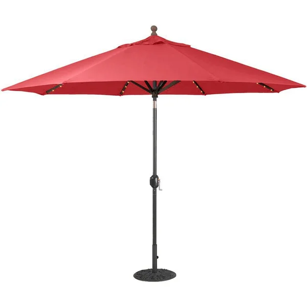 Galtech 11 Ft. Lighted LED Octagonal Aluminum Patio Market Umbrella W/ Crank Lift And Auto Tilt - Black Frame W/ Sunbrella Canvas Jockey Red Canopy