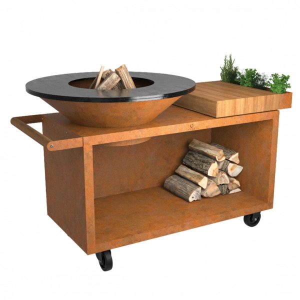 OFYR Island Corten 100 PRO Teak Wood 70 Inch Wood-Fired Grill Center - OI-100-PRO-TW