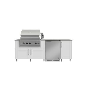 WeatherStrong Bimini 7 1/2 Ft Outdoor Kitchen Island w/ DCS Propane Grill & Refrigerator in Shell White/Glacier Frost