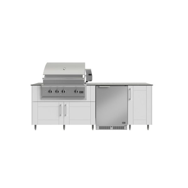 WeatherStrong Bimini 7 1/2 Ft Outdoor Kitchen Island w/ DCS Propane Grill & Refrigerator in Shell White/Glacier Frost