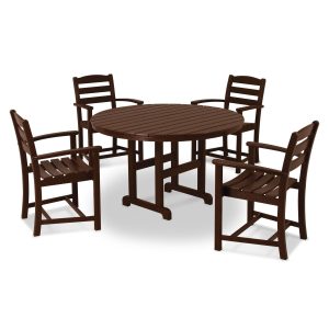 POLYWOOD La Casa Cafe 5 Piece Round Farmhouse Arm Chair Dining Set - Mahogany