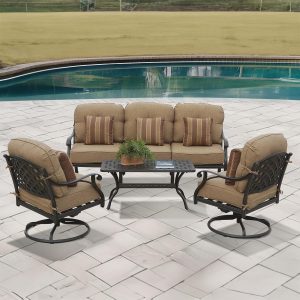 Nassau 4 Pc Cast Aluminum Seating Set w/ 42 X 21 Inch Table w/ Swivel Rockers & Throw Pillows in Antique Bronze/Sesame by Darlee