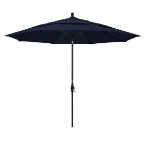 California Umbrella 11 Ft. Octagonal Aluminum Collar Tilt Patio Umbrella W/ Crank Lift & Fiberglass Ribs - Matted Black Frame / Olefin Navy Blue Canopy
