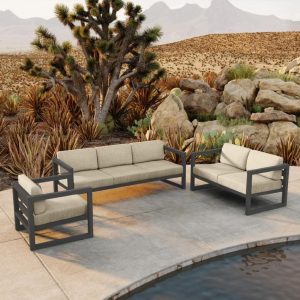 Misty Cove 3 Pc Aluminum Seating Set w/ Sofa & Loveseat in Slate/Canvas Flax by Lakeview Outdoor Designs