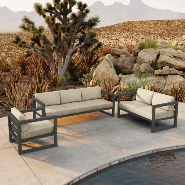 Misty Cove 3 Pc Aluminum Seating Set w/ Sofa & Loveseat in Slate/Canvas Flax by Lakeview Outdoor Designs