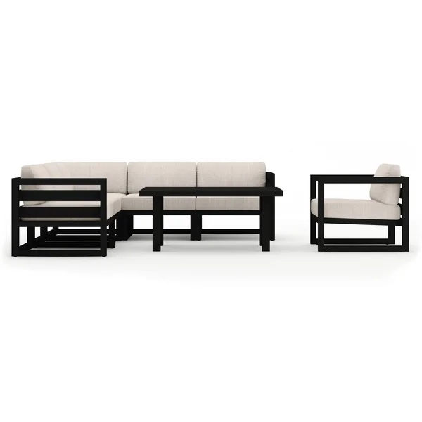 Misty Cove 7 Pc Aluminum Seating Set w/ Sectional & Classic Chat Table in Black/Cast Silver by Lakeview Outdoor Designs