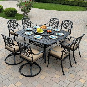 Elisabeth 10 Pc Cast Aluminum Dining Set w/ 64 Inch Table & 4 Swivel Rockers in Antique Bronze/Sesame by Darlee