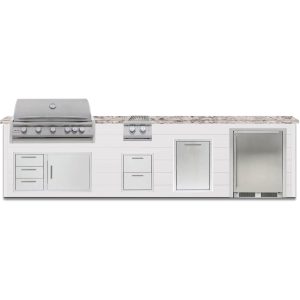 BBQGuys Signature 12 Ft Outdoor Kitchen Island w/ 40 Inch Natural Gas Blaze LTE+ Grill, Double Side Burner, Refrigerator & Double Trash Bin | Crystal White w/ White Granite