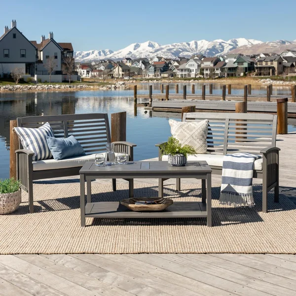 3 Pc Acacia Seating Set w/ Coffee Table in Gray Wash Off-White by Ultimate Patio