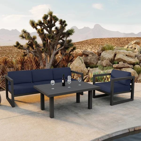 Misty Cove 3 Pc Aluminum Seating Set w/ Sofa & Classic Chat Table in Slate/Spectrum Indigo by Lakeview Outdoor Designs