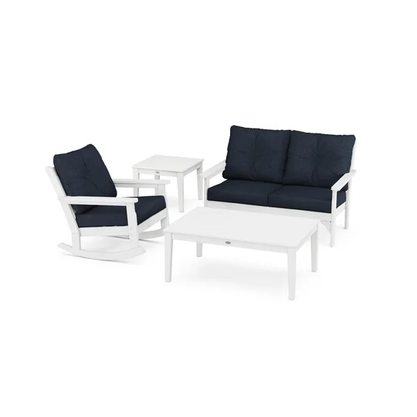 Vineyard 4 Pc Recycled Plastic Seating Set w/ Rocking Chair in White/Marine Indigo by POLYWOOD