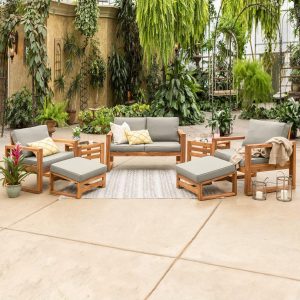 Window Bay 7 Pc Acacia Seating Set in Natural/Gray by Ultimate Patio