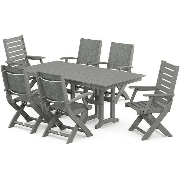 POLYWOOD x BBQGuys Creekside 7 Pc Recycled Plastic Dining Set W/ Birch Sling in Grey