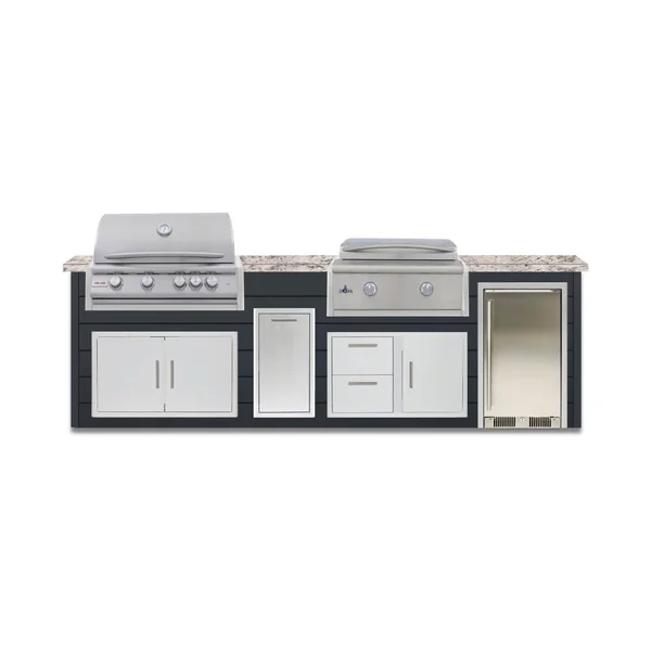 BBQGuys Signature 10 Ft Outdoor Kitchen Island w/ 32 Inch Natural Gas Blaze LTE+ Grill & Griddle & Narrow Trash Bin | Asphalt Gray w/ White Granite