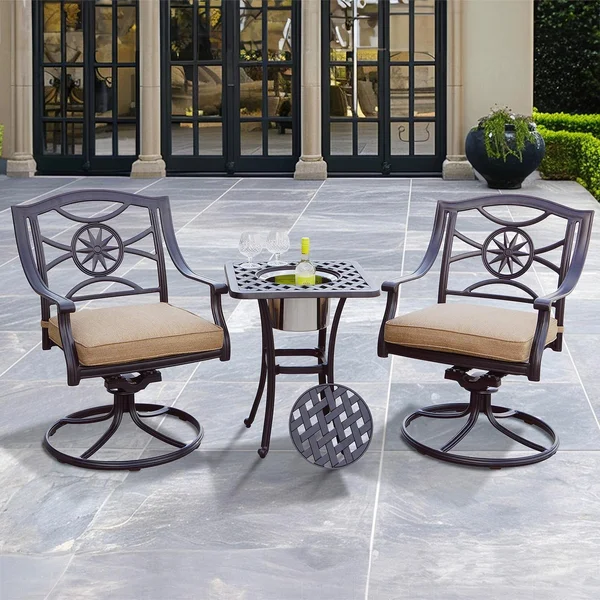 Ten Star 3 Pc Cast Aluminum Bistro Set w/ 25 Inch Series 30 Ice Bucket End Table & in Antique Bronze/Sesame by Darlee