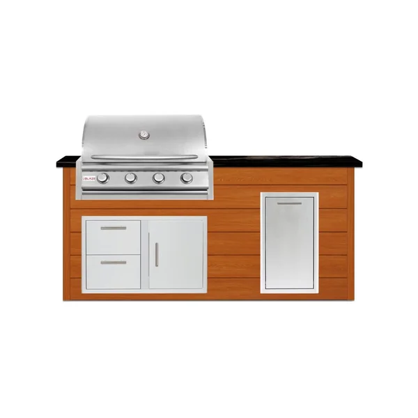 BBQGuys Signature 6 Ft Outdoor Kitchen Island w/ 32 Inch Propane Blaze LBM Grill & Narrow Trash Bin | Chai Cedar w/ Titanium Granite