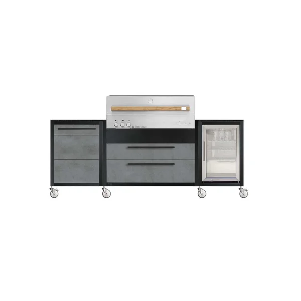Burnout BBQ Modular Outdoor Front - Lit Kitchen Island on Casters w/ Flammkraft Model D Built-In Grill, Caso 2.2 Cu Ft Refrigerator, and Propane Pullout - Smoke