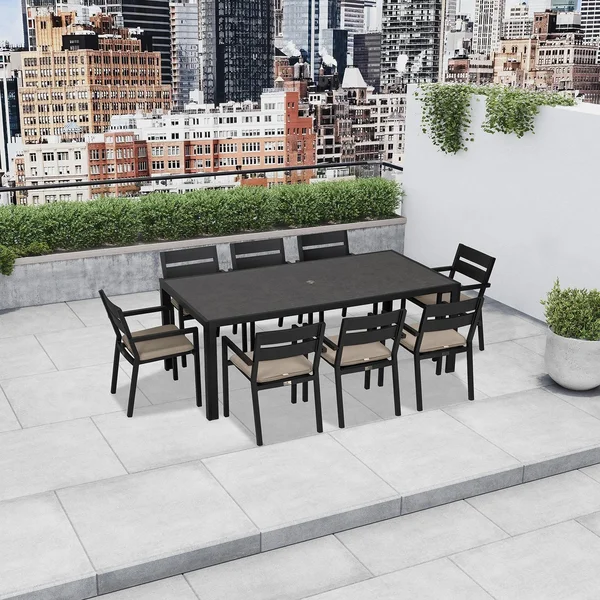 Calm Bay 9 Pc Rectangular Aluminum Dining Set in Black/Heather Beige by Lakeview Outdoor Designs