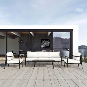 Midnight Cove 4 Pc Aluminum Seating Set w/ Sofa in Black/Canvas Natural by Lakeview Outdoor Designs
