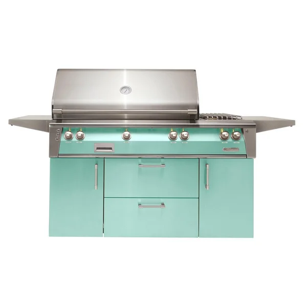 Alfresco ALXE 56-Inch Freestanding Natural Gas Deluxe Grill With Rotisserie And Side Burner in Light Green - ALXE-56C-NG-S6027