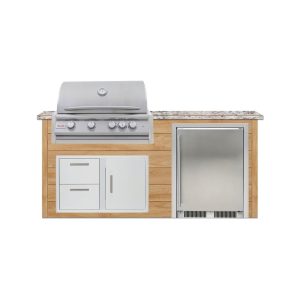 BBQGuys Signature 6 Ft Outdoor Kitchen Island w/ 32 Inch Natural Gas Blaze LTE+ Grill & Refrigerator | Sun Bleached Oak w/ White Granite