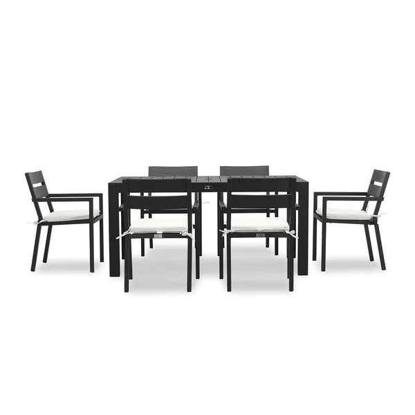 Calm Bay Classic 7 Pc Rectangular Aluminum Dining Set in Black/Canvas Natural by Lakeview Outdoor Designs