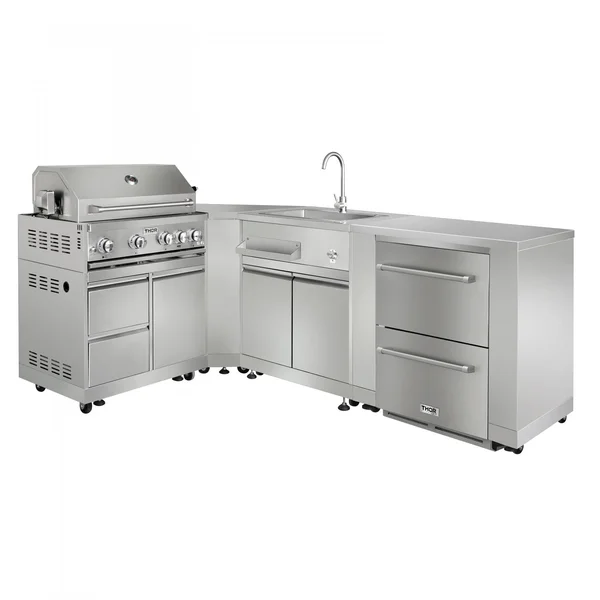 Thor Kitchen 6-Piece L Shaped Modular Outdoor Kitchen Island Suite w/ 4-Burner Propane Gas Grill