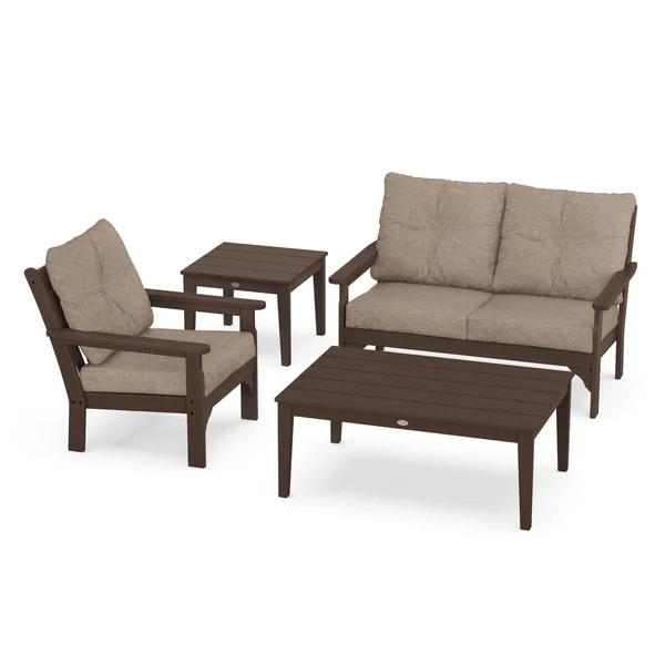 Vineyard 4 Pc Recycled Plastic Seating Set w/ Larger Tables in Mahogany/Spiced Burlap by POLYWOOD
