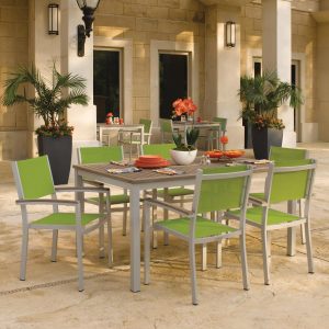Oxford Garden Travira 7 Piece Flint Aluminum Patio Dining Set W/ Go Green Sling Armchairs & 63-Inch Rectangular Vintage Tekwood Table