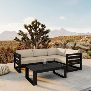Misty Cove 5 Pc Aluminum Seating Set w/ Sectional & Portal Coffee Table in Black/Canvas Flax by Lakeview Outdoor Designs