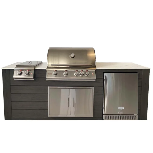 Pro-Fit 8-Foot Outdoor Kitchen Island W/ Blaze LTE 32-Inch Propane Gas Grill, Double Side Burner & Refrigerator - Onyx / Bianco Giulia A Satin