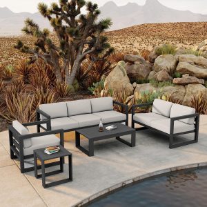 Misty Cove 5 Pc Aluminum Seating Set w/ Sofa in Slate/Canvas Natural by Lakeview Outdoor Designs