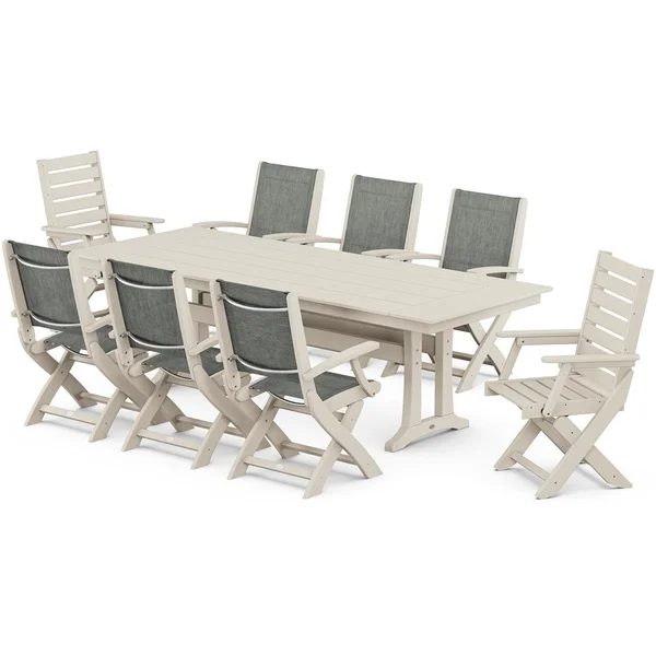 POLYWOOD x BBQGuys Creekside 9 Pc Recycled Plastic Dining Set W/ Birch Sling in Sand