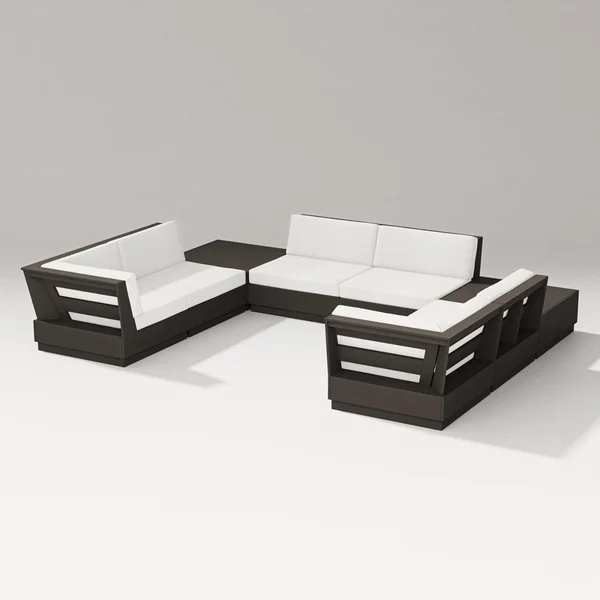Elevate 8 Pc U-shaped Recycled Plastic Sectional Seating Set in Vintage Coffee/Natural Linen By PW Designer Series
