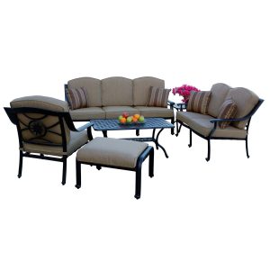 Ten Star 6 Pc Cast Aluminum Seating Set w/ Series 30 Tables & Throw Pillows in Antique Bronze/Sesame by Darlee